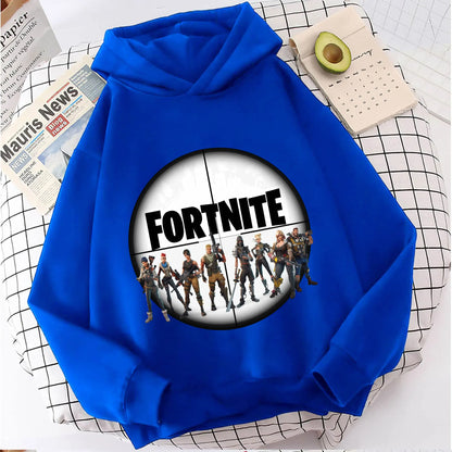 Hoodies infantis Fortnite com estampado do jogo, fato confortável de desenho animado, tops largos de manga comprida, roupa de outono/inverno