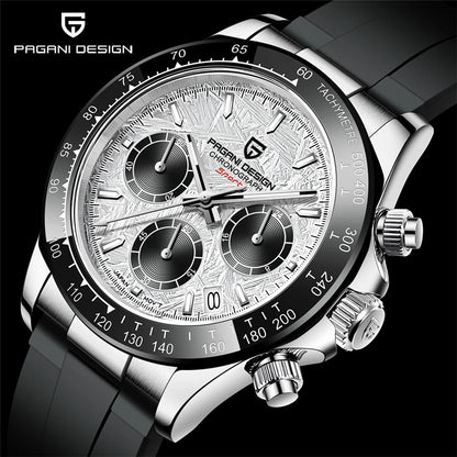 PAGANI DESIGN V2 40MM Herrenuhr mit Meteorit-Zifferblatt, Quarzwerk, Saphirglas, Retro-Chronograph, wasserdichte Uhr für Herren