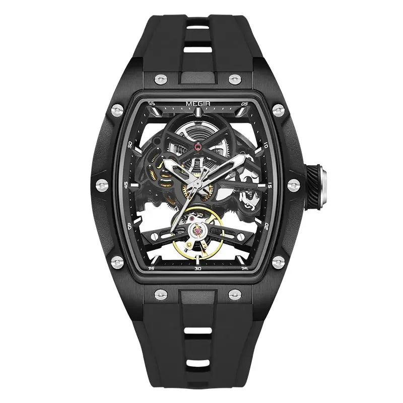 Relógio de pulso automático MEGIR para homem, com bracelete em silicone preto, impermeável, luminoso, desportivo e mecânico, com mostrador tonneau 2242