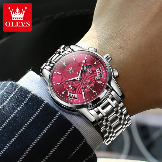 Reloj para hombre OLEVS: modelo deportivo y lujoso, rojo, resistente al agua, de acero inoxidable, cronógrafo de cuarzo