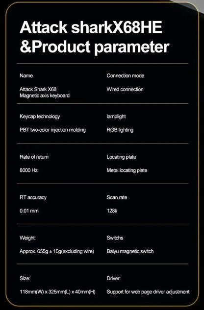 Attack Shark X68 HE Gaming Keyboard Magnetic Mechanical Wired for Pro Gaming 0.01mm Rapid Trigger 8000Hz 128K Rate