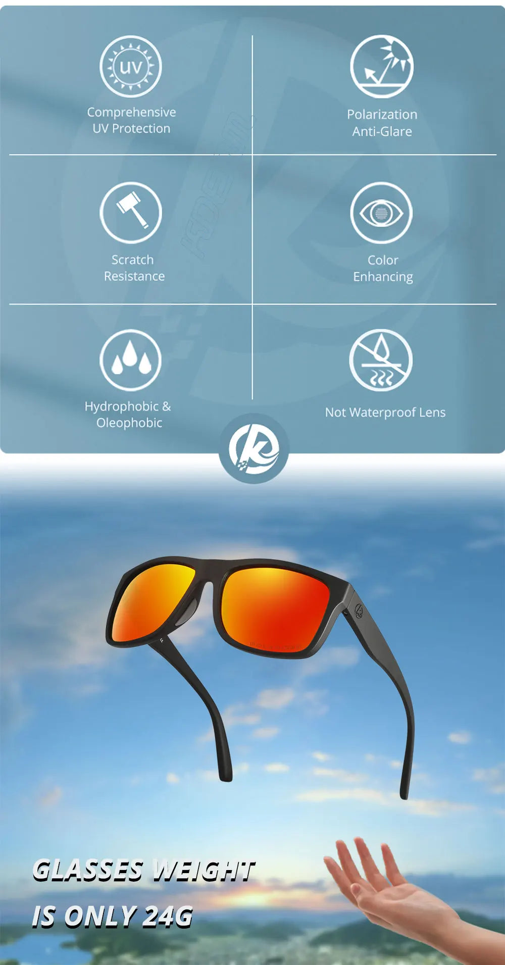 KDEAM Polarized Sunglasses Men Sports Tridimensional Brand Logo TR90 Square Sun Glasses All Black With Zipper Case KD0721