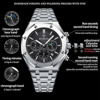 BINBONG B0161 Top Brand Man Business Quartz Watch Chronograph Wristwatch Stainless Steel Strap 30M Waterproof Luxury Men Watch