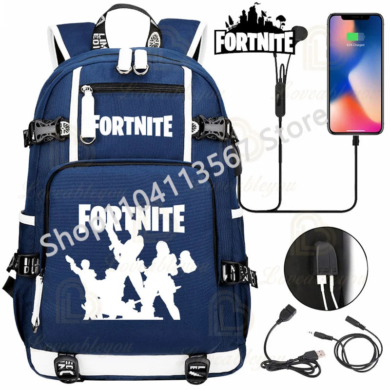 Mochila Yule Trooper F-Fortnited Battle Royale com carregamento USB, figuras anime e compartimento para material escolar para estudantes