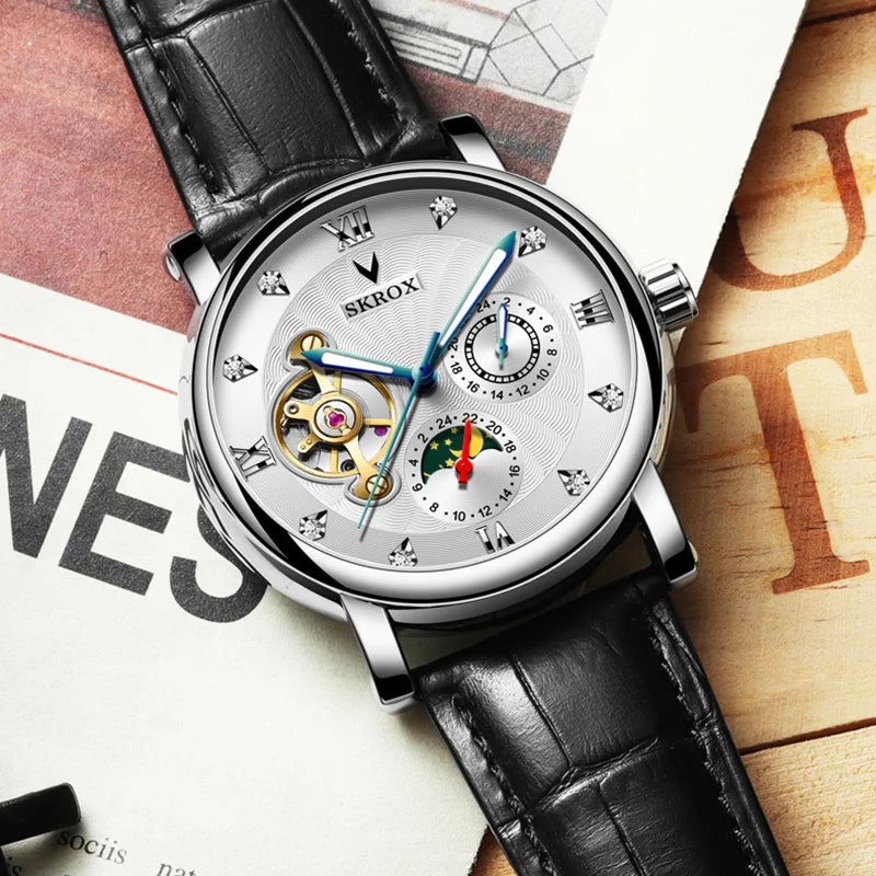 A luxury automatic mechanical watch for men, from a leading brand, featuring a tourbillon, a moon phase display and diamonds – an elegant wristwatch.
