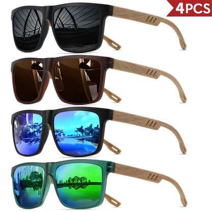 4PCS Wood Grain Spring Hinge Sunglasses - Classic Retro Square Frame, UV400 Unisex Comfort Fit for Daily Casual Wear