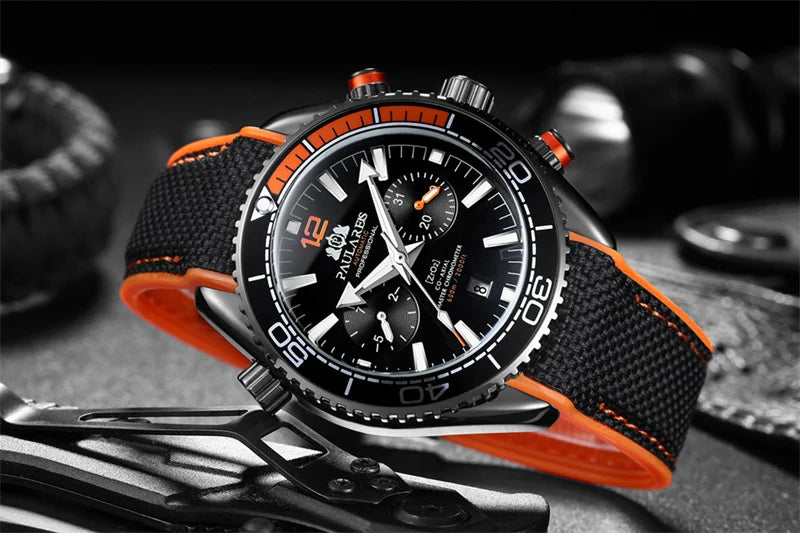 PAULAREIS P Reloj mecánico automático de lujo para hombre, cuerda automática, correa de caucho, resistente al agua, luminoso, con fecha, reloj de moda para hombre