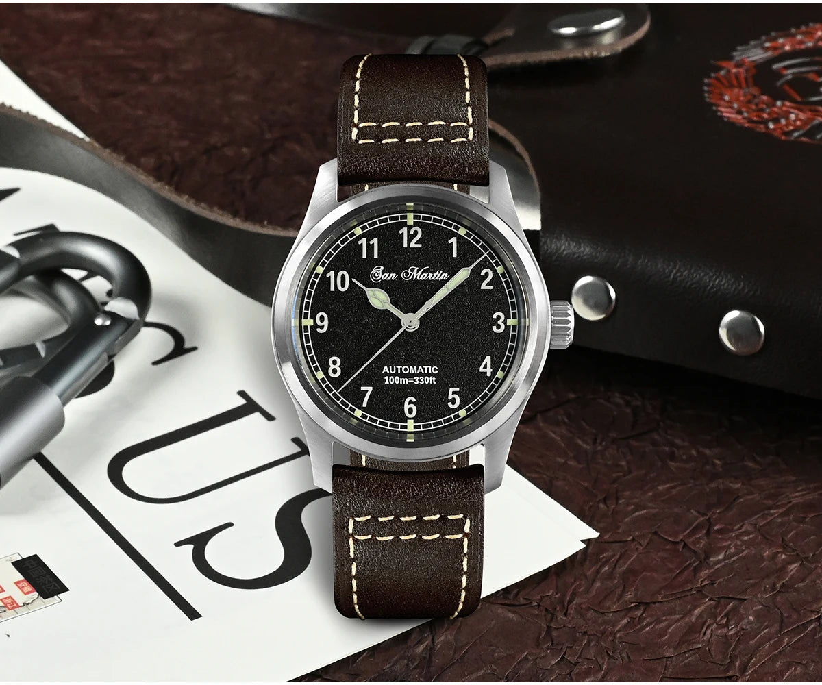 San Martin Simple Men's Watch 37mm Pilot Miyota 8215 Classic Military Explore Automatic Mechanical Watches Waterproof 100m