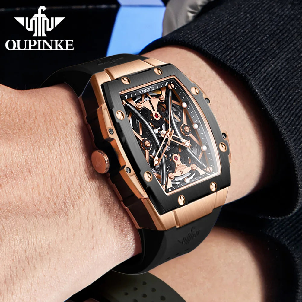 Relógio masculino OUPINKE clássico de luxo com mostrador tonneau, marca de topo, original, automático mecânico, bracelete em silicone e vidro de safira, novo