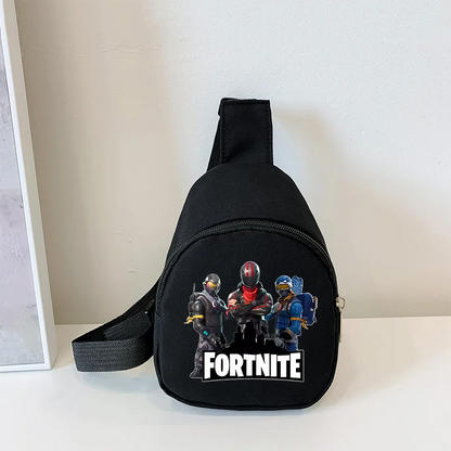 Fortnite Umhängetasche mit Game-Print für Kinder, Mini-Brusttasche, klassische schwarze Schultertasche und Geldbörse, geeignet für Schule und Outdoor-Aktivitäten