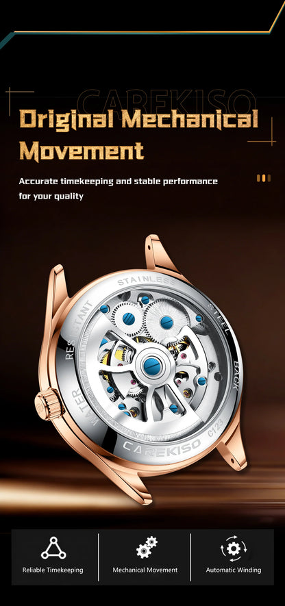 CAREKISO Fashion Men's Clock Double Hollow Tourbillon Automatic Mechanical Man Watch Waterproof Luminous Leather Men's Watches+Box