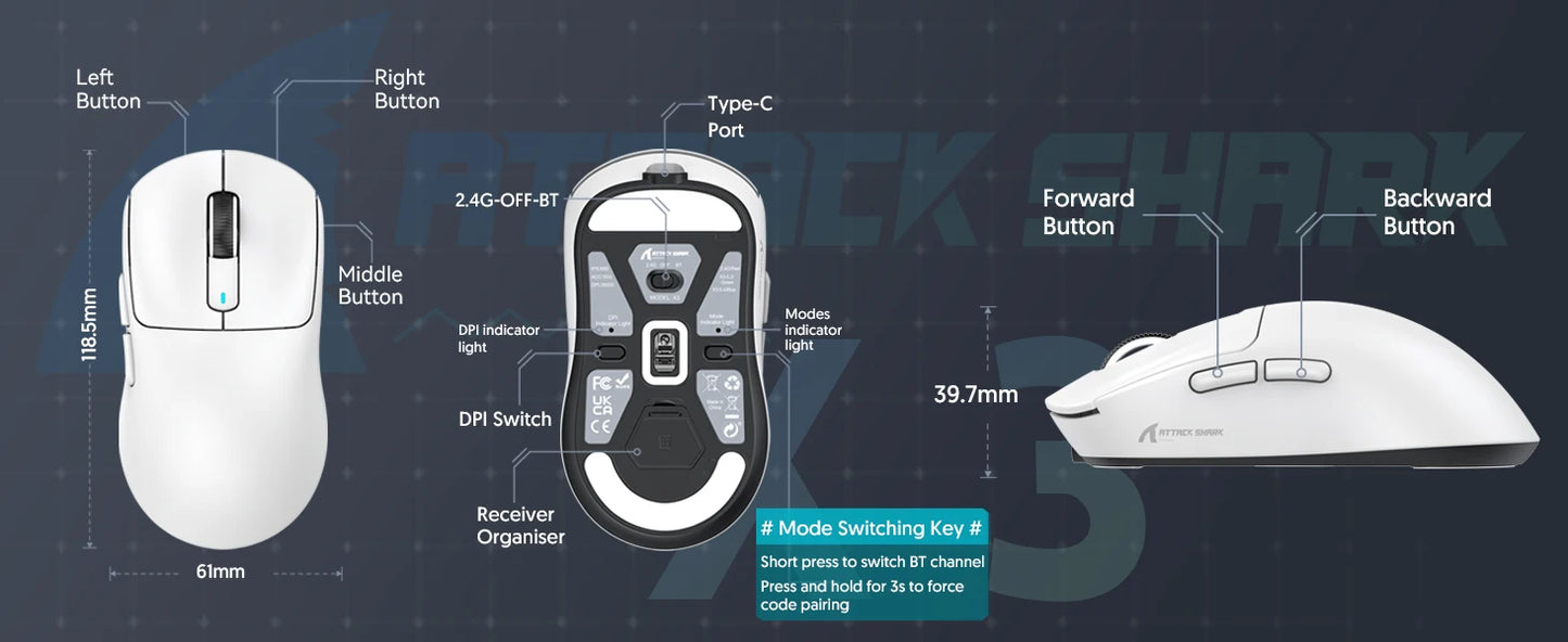 Mouse gaming wireless leggero ATTACK SHARK X3, 49g, tri-mode, sensore PAW3395 da 26K DPI, autonomia di 200h, 5 pulsanti programmabili