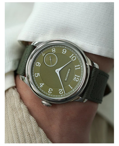 Relógio masculino FARASUTE NEW Machinery com mostrador salmão, movimento mecânico manual ST17, pequeno segundeiro e bracelete Bonklip vintage