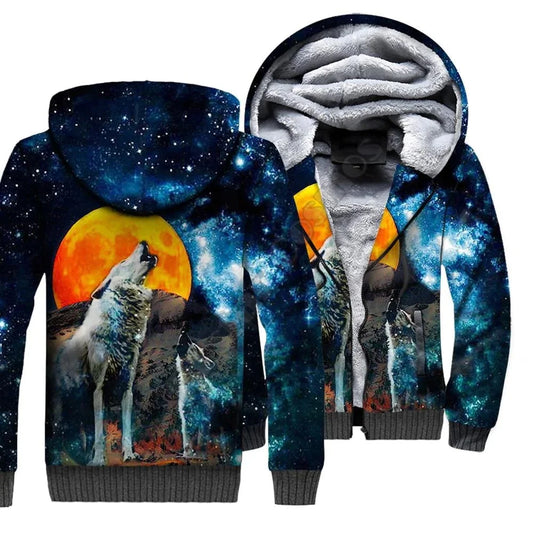 Sweatshirts com Capuz e Fecho em Polar com Estampado 3D de Lobo para Homem e Mulher, Casaco de Inverno Quente em Veludo Duplo Plus, Fatos de Cosplay JR09
