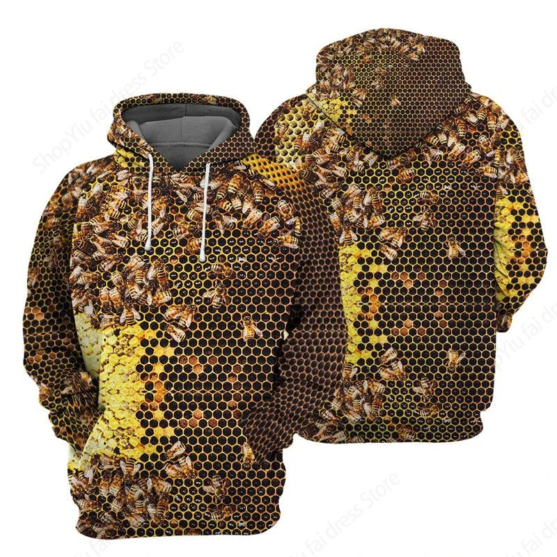 Sweat à capuz vintage para homem com padrão de lobo e abelha, estampado 3D, sweatshirt de moda, casaco para rapaz e mulher, fato de treino 6XL