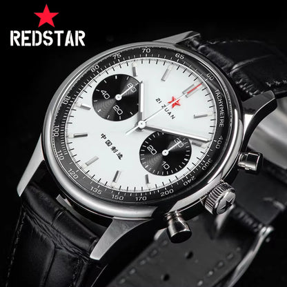 Red Star Panda Men's 1963 Chronograph Mechanical Wristwatch Seagull ST1901 Movement Gooseneck 40mm Luminous Sapphire Pilot Watch