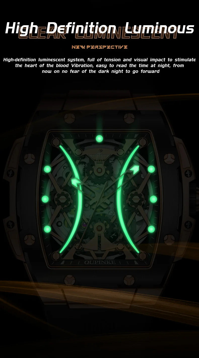 Relógio masculino OUPINKE clássico de luxo com mostrador tonneau, marca de topo, original, automático mecânico, bracelete em silicone e vidro de safira, novo
