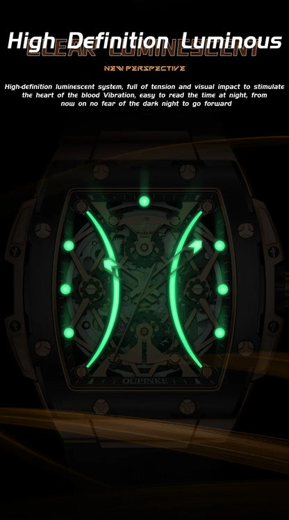 Relógio masculino OUPINKE clássico de luxo com mostrador tonneau, marca de topo, original, automático mecânico, bracelete em silicone e vidro de safira, novo