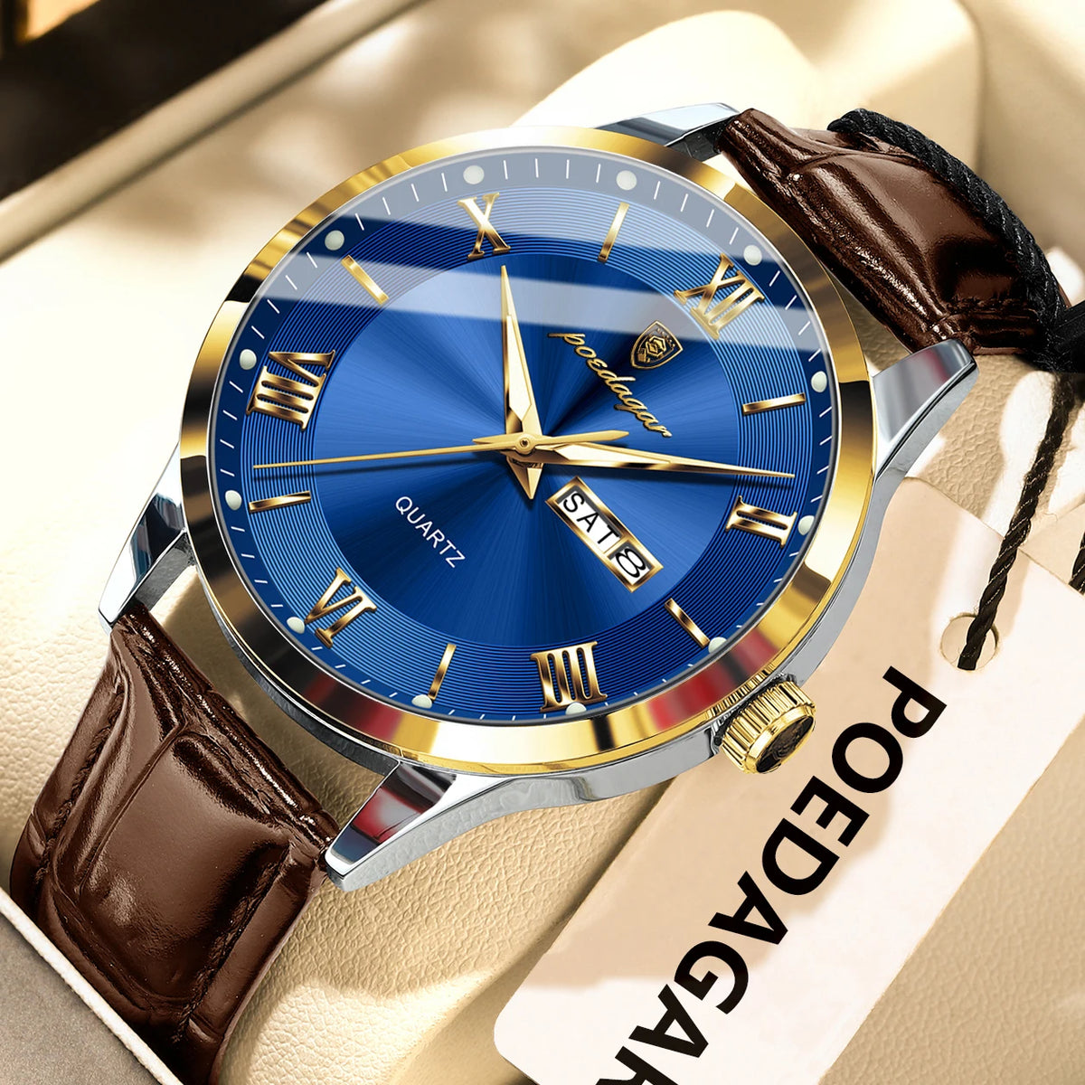 Montre homme tendance POEDAGAR, bracelet en cuir, date et semaine, montre à quartz de luxe, étanche, lumineuse, style business décontracté.