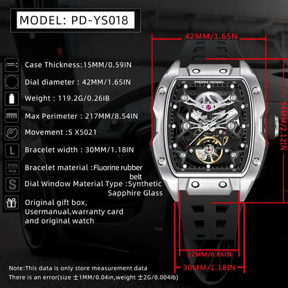Novo Relógio de Pulso Masculino PAGANI DESIGN PDYS018 Automático Mecânico, Fashion Casual Skeleton, Safira e Aço Inoxidável
