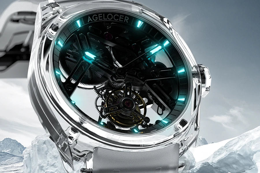 Orologio AGELOCER Limited Edition “Ice Never Melts” con tourbillon in cristallo a spirale libera, orologio meccanico manuale di lusso