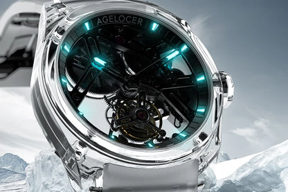 Orologio AGELOCER Limited Edition “Ice Never Melts” con tourbillon in cristallo a spirale libera, orologio meccanico manuale di lusso