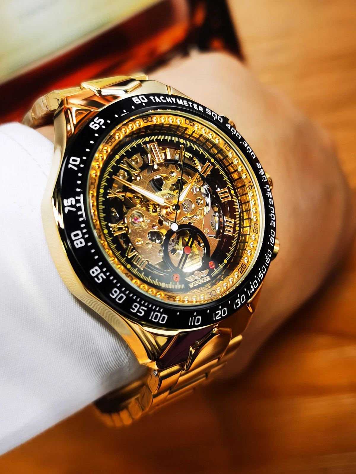 Montre automatique pour homme WINNER – Modèle squelette transparent, aiguilles luminescentes, bracelet en acier inoxydable, montre mécanique de marque de luxe