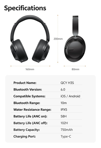 Auriculares circumaurales QCY H3S ANC Bluetooth 6.0 – Audio espacial Hi-Res LDAC, cancelación de ruido adaptativa de -56dB, auriculares inalámbricos