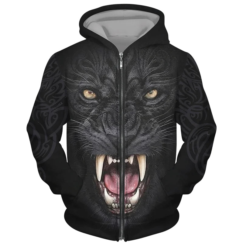 Sweat à capuz com fecho e estampado 3D de lobo, estilo streetwear, para homem/mulher, casaco com capuz unissexo casual hip-hop