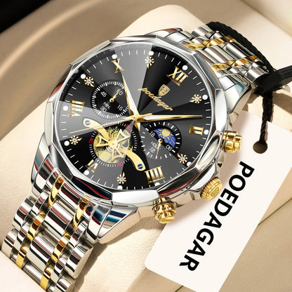 Original luxury POEDAGAR men’s watch, water-resistant, luminous chronograph, stainless steel quartz wristwatch, high-end men’s watches