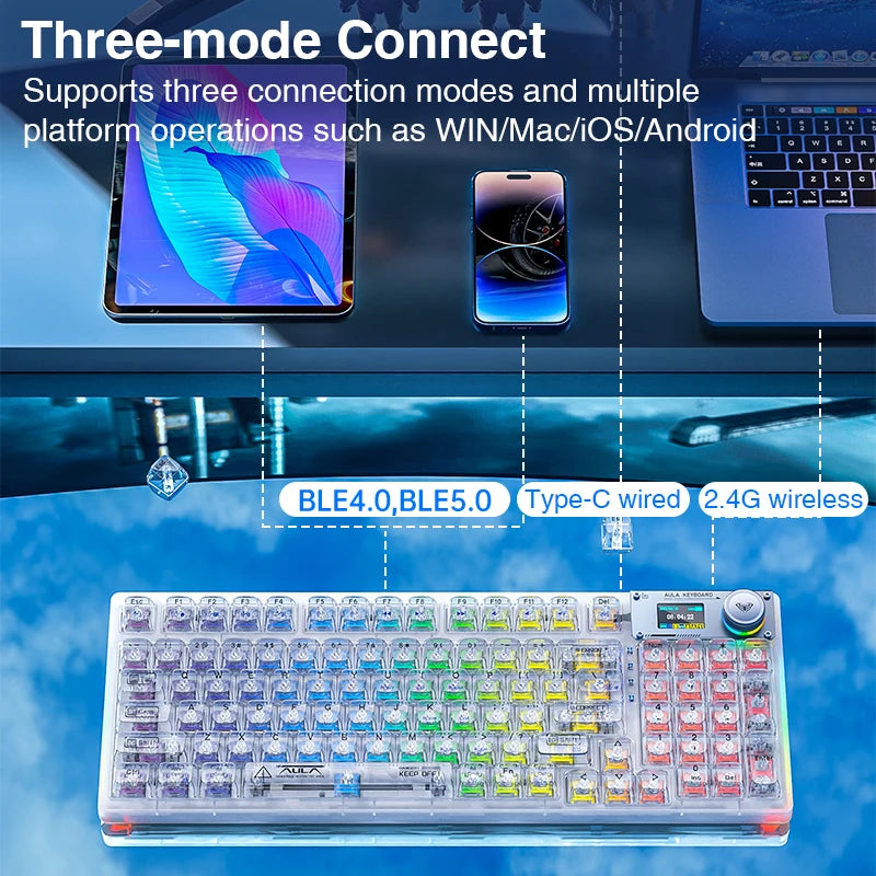 AULA F98PRO Wireless Mechanical Keyboard Transparent Keycaps RGB Backlit Custom 2.4G Hot Swappable Gaming Keyboard With Screen
