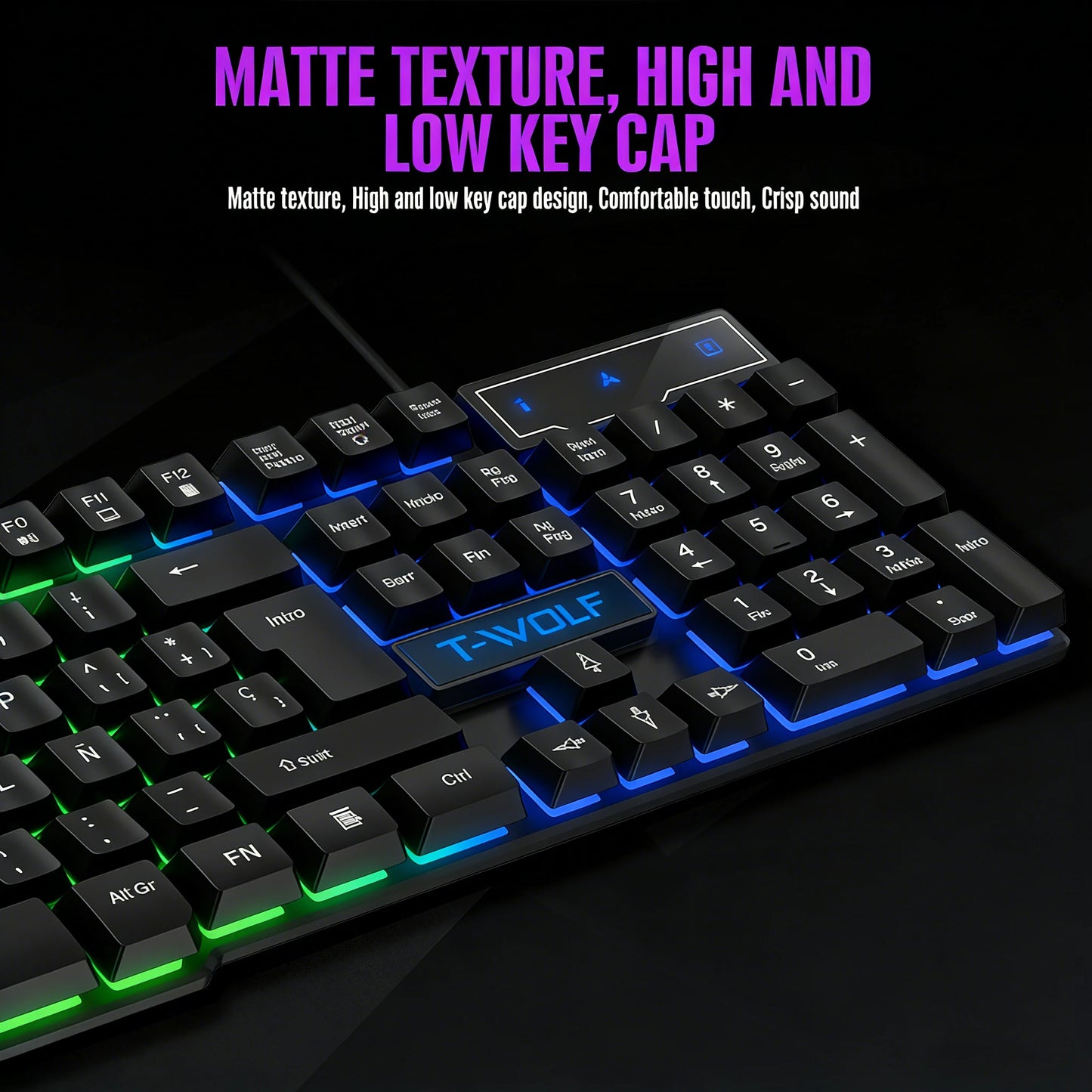 Teclado gaming com sensação mecânica, retroiluminado RGB, com fios, USB, para escritório e casa, com teclas multimédia, russo, espanhol, árabe e inglês