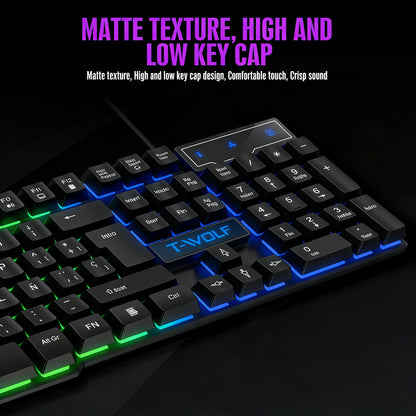 Teclado gaming com sensação mecânica, retroiluminado RGB, com fios, USB, para escritório e casa, com teclas multimédia, russo, espanhol, árabe e inglês