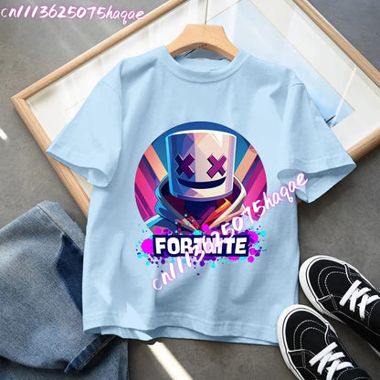 T-shirt azul de algodão Fortnite para criança, camisola de manga curta Fortress Night para bebé, top kawaii com desenho animado para menino e menina, roupa de verão, prenda