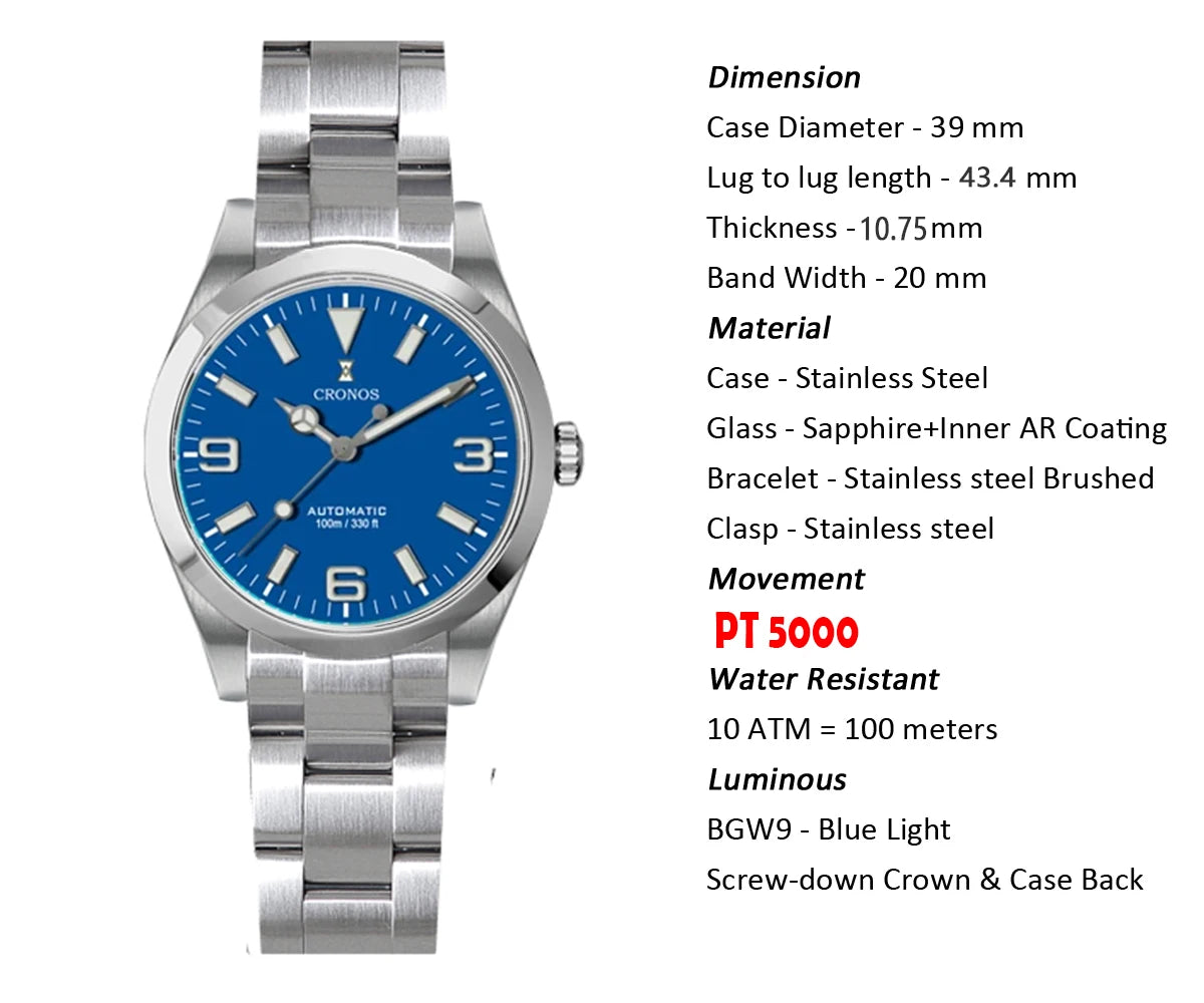 Cronos EX Diver Mechanical Men Watch 39mm Automatic PT5000 Sapphire Glass Bushed Bracelet Glide Clasp 10ATM L6031