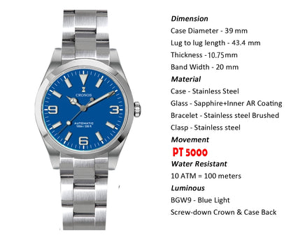 Cronos EX Diver Mechanical Men Watch 39mm Automatic PT5000 Sapphire Glass Bushed Bracelet Glide Clasp 10ATM L6031