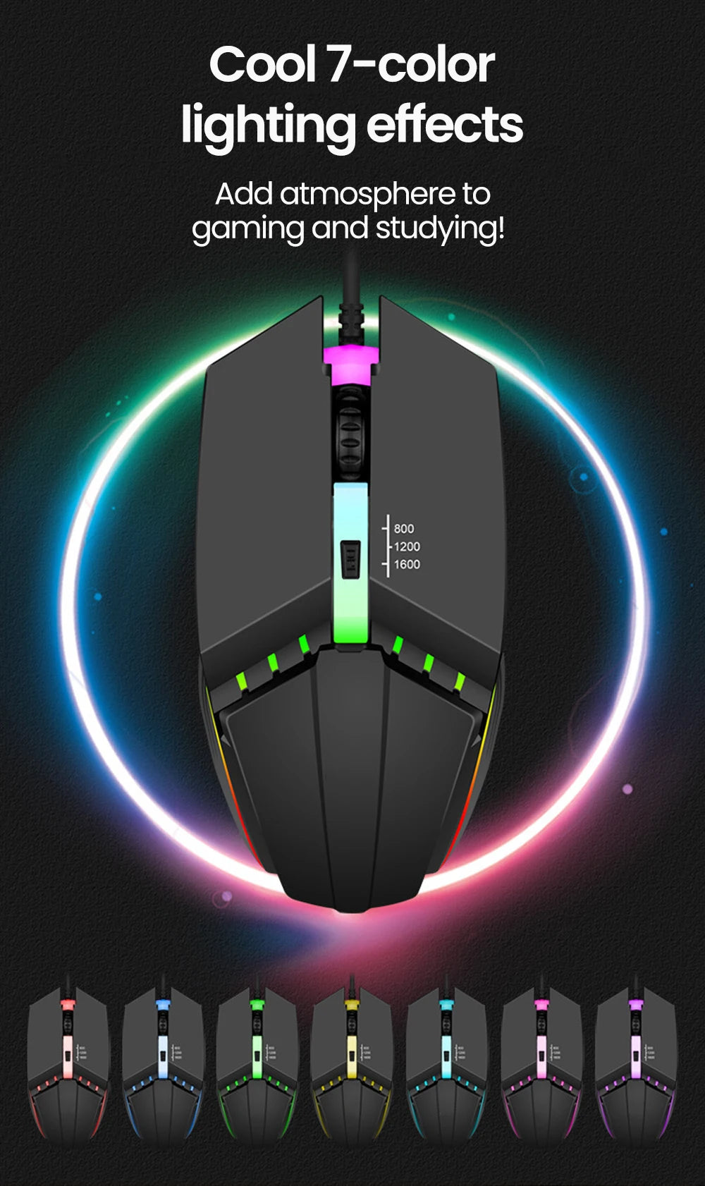 Ratón gaming USB con cable RGB retroiluminado, botón de silencio, LED luminoso y 1600DPI para PC de escritorio, portátil, ordenador, hogar y oficina