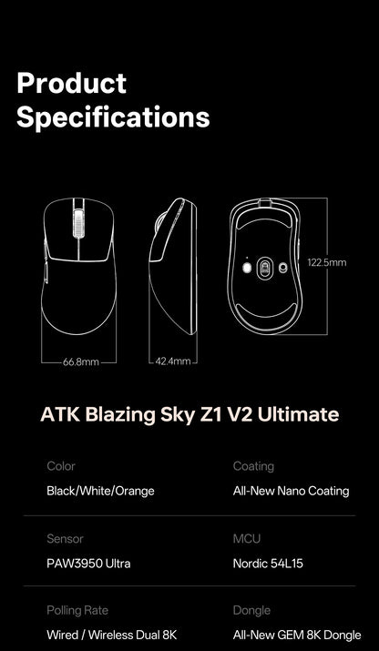 Mouse wireless ATK Blazing Sky Z1 V2 Ultimate PAW3950 Ultra Dual 8K da gaming, ergonomico, sviluppato internamente, per mani medio-grandi