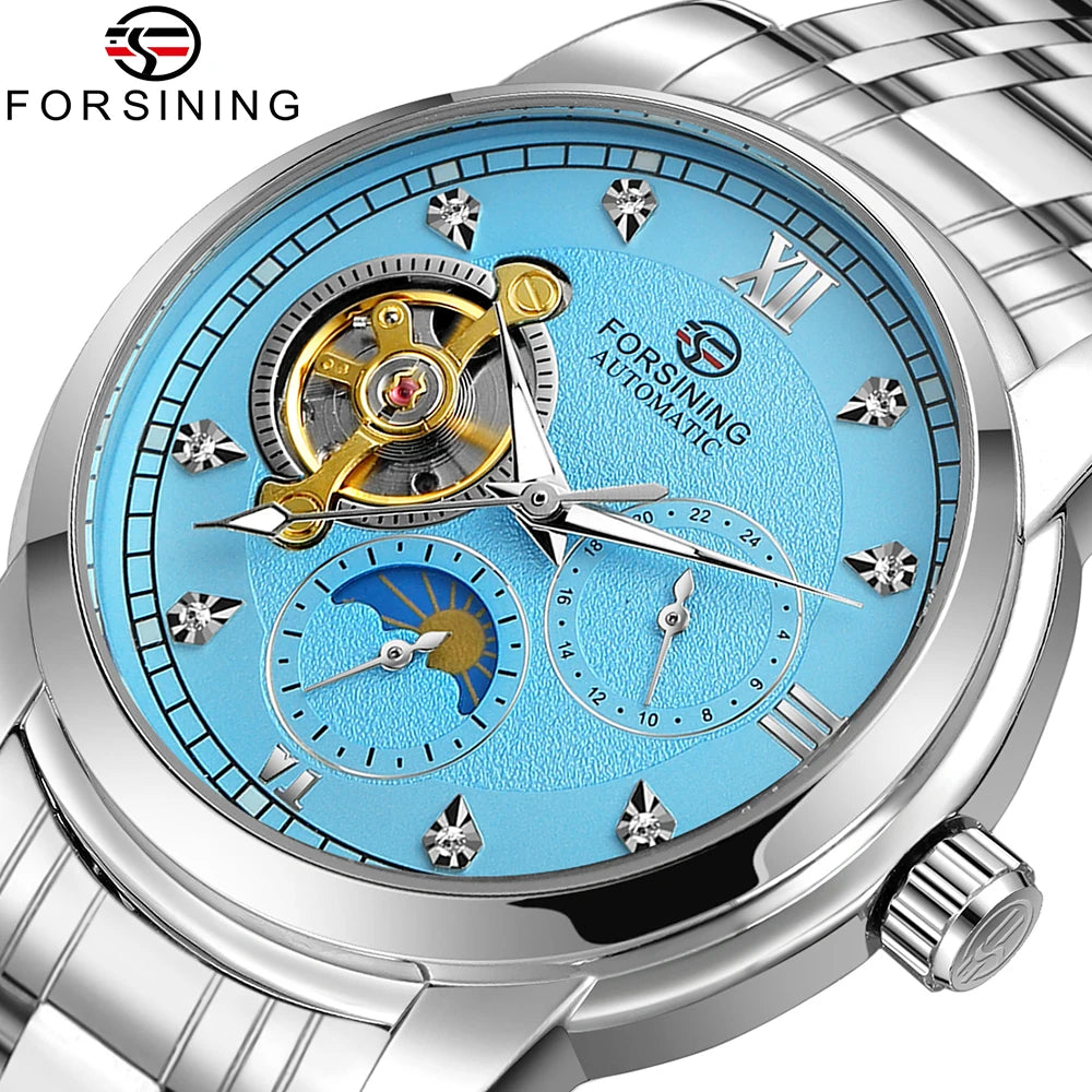 Forsining mekanisk automatisk herreur – Luksus-, forretnings- og modestil, metalarmbånd, tourbillon, selvlysende visere, prydet med syntetiske diamanter