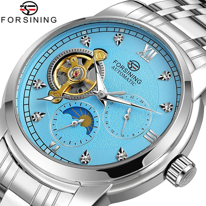 Forsining mekanisk automatisk herreur – Luksus-, forretnings- og modestil, metalarmbånd, tourbillon, selvlysende visere, prydet med syntetiske diamanter