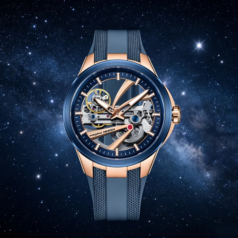 Zegarek męski PAGANI DESIGN – luksusowy model z mechanizmem automatycznym typu „skelet” (z widocznym mechanizmem), wyposażony w tourbillon, szkło szafirowe z powłoką antyrefleksyjną, wodoodporny i luminescencyjny.