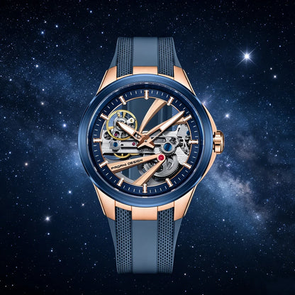 Zegarek męski PAGANI DESIGN – luksusowy model z mechanizmem automatycznym typu „skelet” (z widocznym mechanizmem), wyposażony w tourbillon, szkło szafirowe z powłoką antyrefleksyjną, wodoodporny i luminescencyjny.