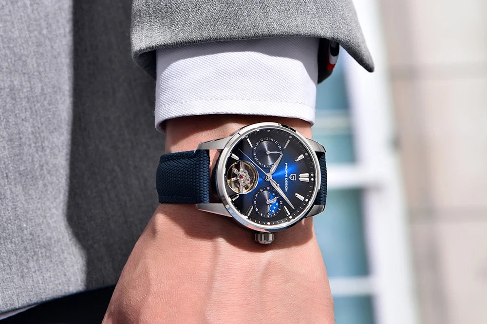PAGANI DESIGN – Luxusné mechanické pánske hodinky, 41 mm, zafírové sklo, kožený remienok, vodotesné, v štýle pilotných hodín, s tourbillonom a fázou mesiaca