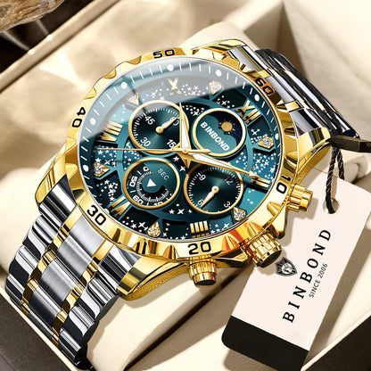 Montres à quartz de marque originale BINBOND pour hommes, montre chronographe de luxe lumineuse en acier inoxydable pour hommes, montre élégante pour hommes