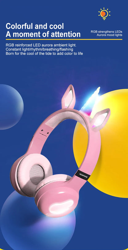 Glow Unicorn Bluetooth Headphones for Kids – LED Bunny Ear Wireless Headphones with Microphone, TF Card Slot, Over-Ear Bluetooth Headset for Gaming, Music & Mobile Devices