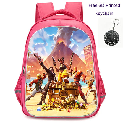 FORTNITE 16-inch Durable Lightweight Backpack, Dual Zipper Pockets, Cartoon Style for Boys & Girls Ages 6-10, Free 3D Printed Keychain