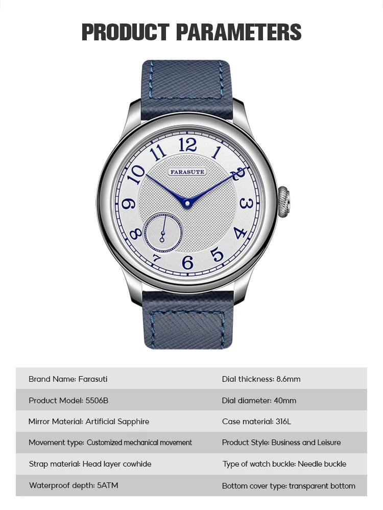 Relógio masculino FARASUTE NEW Machinery com mostrador salmão, movimento mecânico manual ST17, pequeno segundeiro e bracelete Bonklip vintage