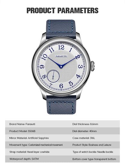 Relógio masculino FARASUTE NEW Machinery com mostrador salmão, movimento mecânico manual ST17, pequeno segundeiro e bracelete Bonklip vintage