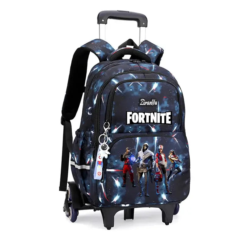 Mochila com Rodas Fortnite Anime, Impermeável, de Grande Capacidade, para Estudante — Saco Escolar Casual de Viagem com Carrinho e Subida Fácil de Escadas