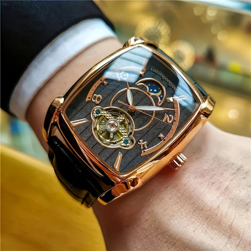 [Luksusur med mekanisk tourbillon] Let luksusur med mekanisk tourbillon til mænd – Fuldautomatisk model i topklasse, trendy »skelet«-design, ideelt til et professionelt outfit o